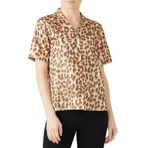 Rochas Omaly Top Silk Blend Leopard Print Short Sleeve Button-Down Brown Tan 40